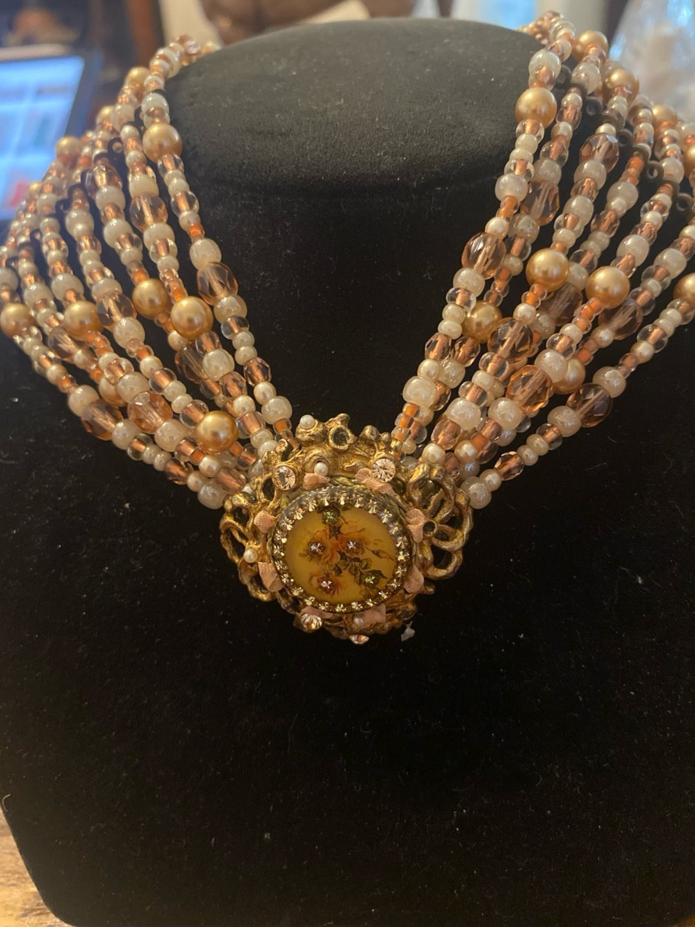 Vintage multi strand choker with flowers and crystals by Michal Negrin